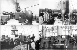 'Адмирал Макаров'. Вид на комовую часть крейсера (фото слева). Вверху справа - Вид на левый шкафут крейсера. Внизу справа - На крейсере производится стирка белья.