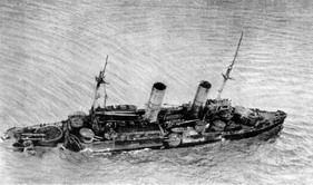 Броненосец 'Слава' после боя в Ирбенском проливе.1917.