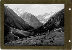 Военно-Осетинская дорога. Пастбище на Цей-Донских высотах, вид на ледники и селение Нижняя Цея.